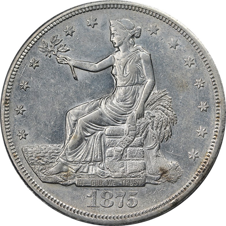 1875-S Silver Trade Dollar Choice AU BU: 1875-S Silver Trade Dollar Choice AU BU This 1875-S Trade Dollar is a circulated coin from the United States, featuring a bright white appearance with great luster and strong strike. It is composed of