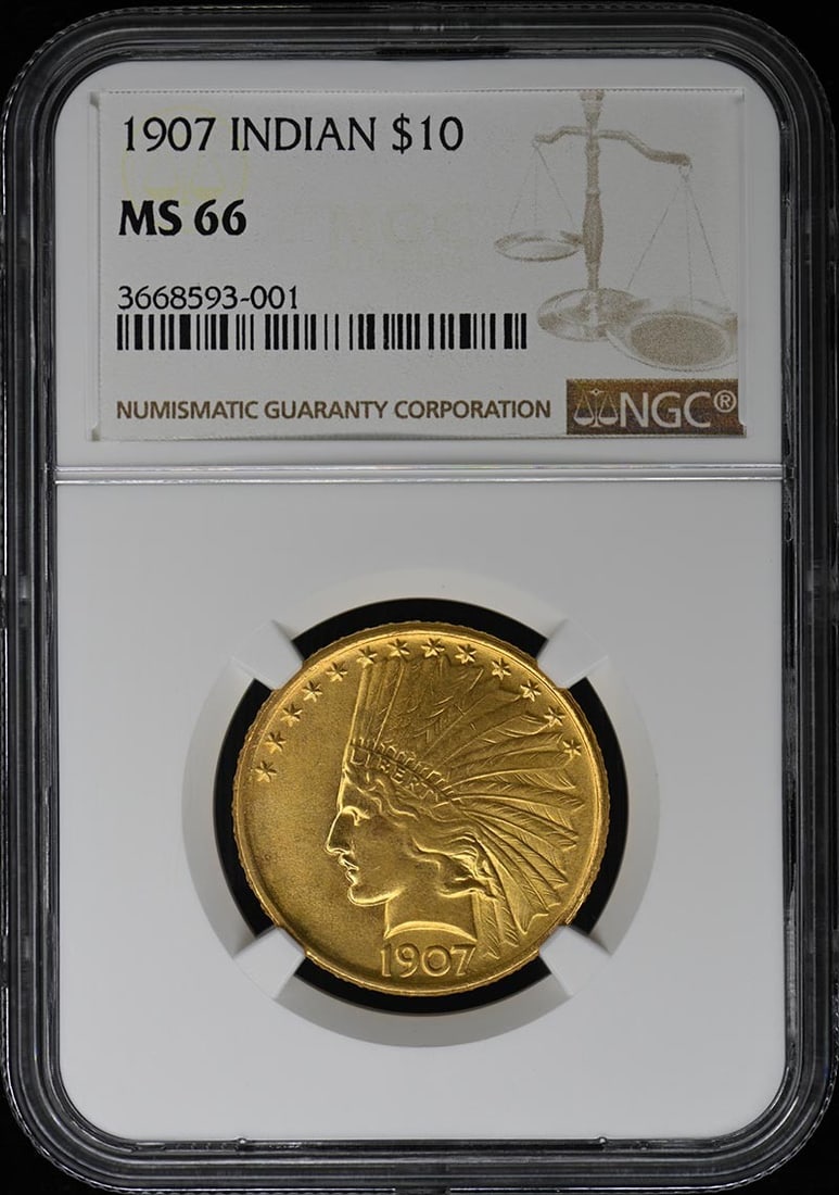 1907 Indian $10 Coin NGC MS66 Uncirculated Philadelphia Mint: 1907 Indian $10 Coin NGC MS66 Uncirculated Philadelphia Mint This stunning 1907 Indian $10 coin is certified by NGC with a grade of MS66, indicating its excellent uncirculated condition. Minted in Phi
