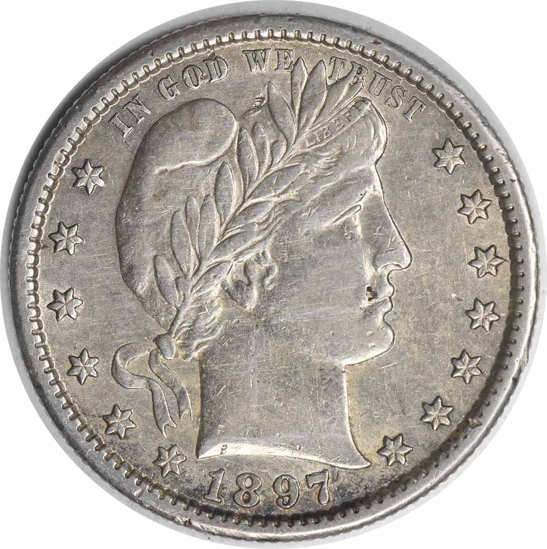 1897-S Barber 25C Silver Quarter AU Uncertified: 1897-S Barber 25C Silver Quarter AU Uncertified This 1897-S Barber Silver Quarter is a circulated coin graded as Choice About Uncirculated (AU). Minted in San Francisco, it features the classic design