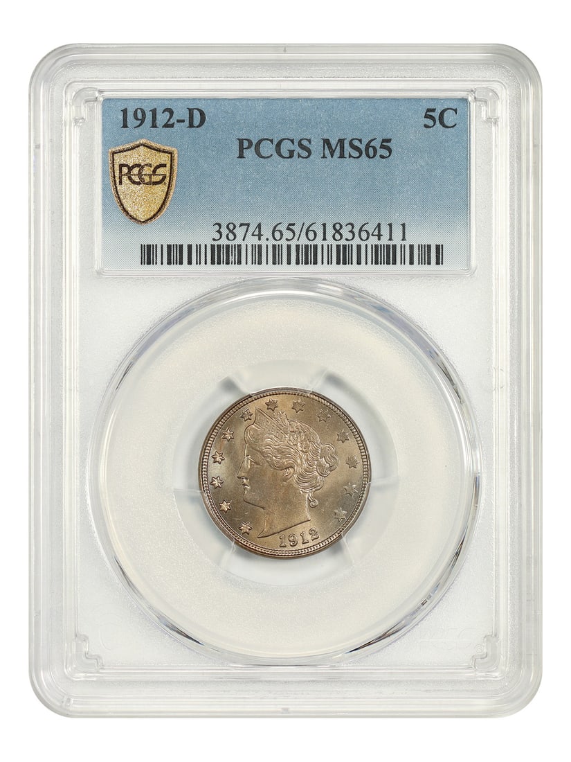 PCGS MS65 1912-D Liberty Nickel 5C Denver Mint Issue: PCGS MS65 1912-D Liberty Nickel 5C Denver Mint Issue A satiny, wonderfully toned gem example of the 1912-D Liberty Nickel. This uncirculated coin is certified by PCGS and described as the only D-mint 