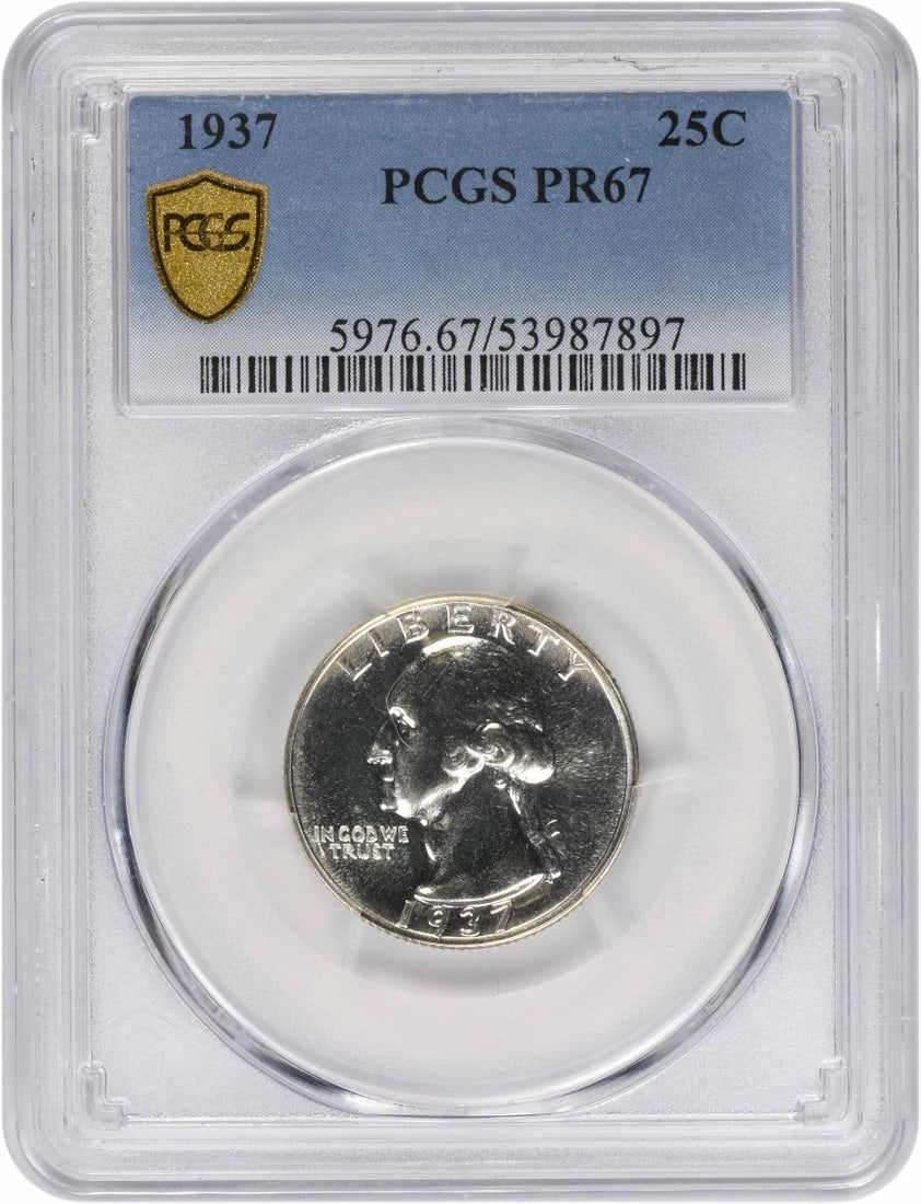 1937 Silver Proof Washington Quarter PCGS PR67 United States: 1937 Silver Proof Washington Quarter PCGS PR67 United States This 1937 Washington Quarter is composed of silver and graded PR67 by PCGS. It is a proof strike with no mint mark and remains in uncircula