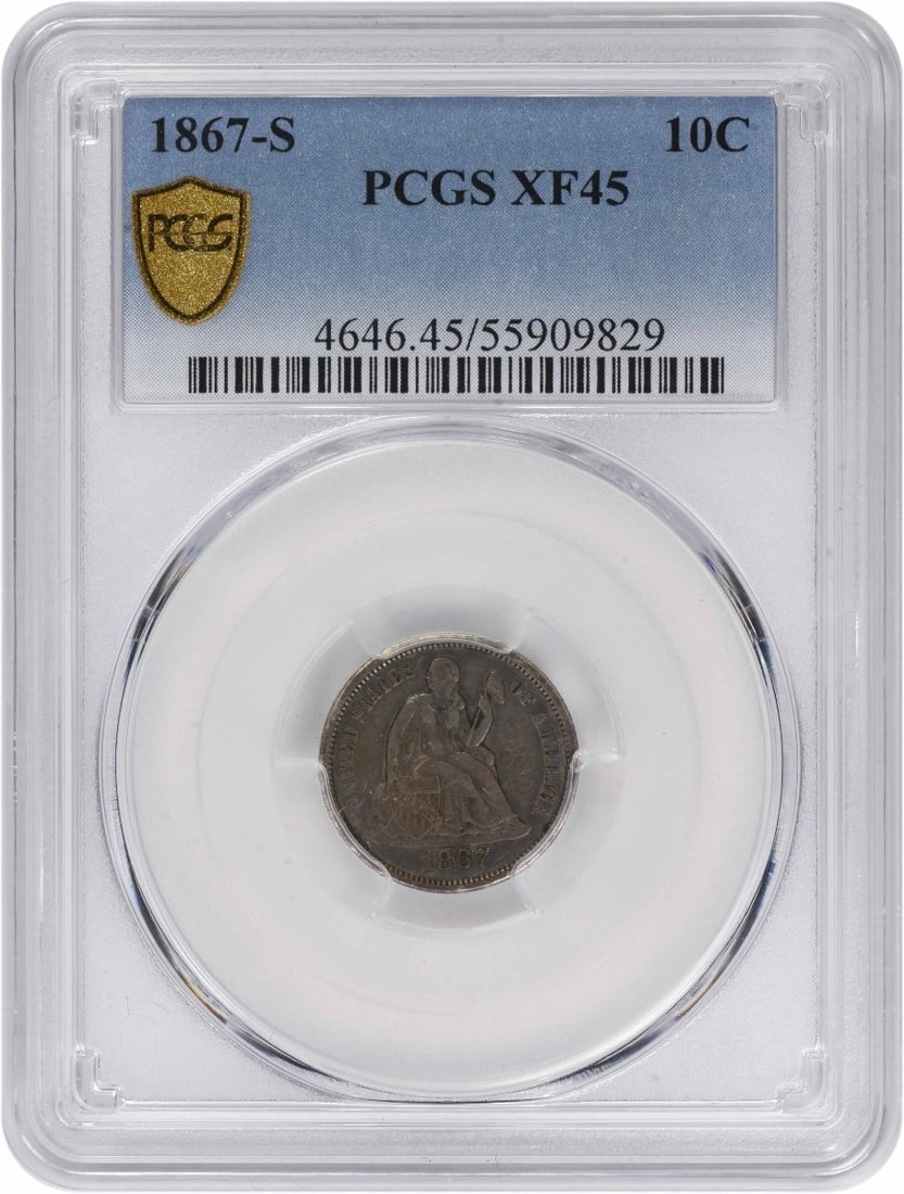 San Francisco Mint 1867 Seated Liberty Dime PCGS EF45 Silver Coin: San Francisco Mint 1867 Seated Liberty Dime PCGS EF45 Silver Coin This 1867-S Liberty Seated Silver Dime is graded EF45 by PCGS, indicating it is in Extremely Fine condition. Minted in San Francisco, 