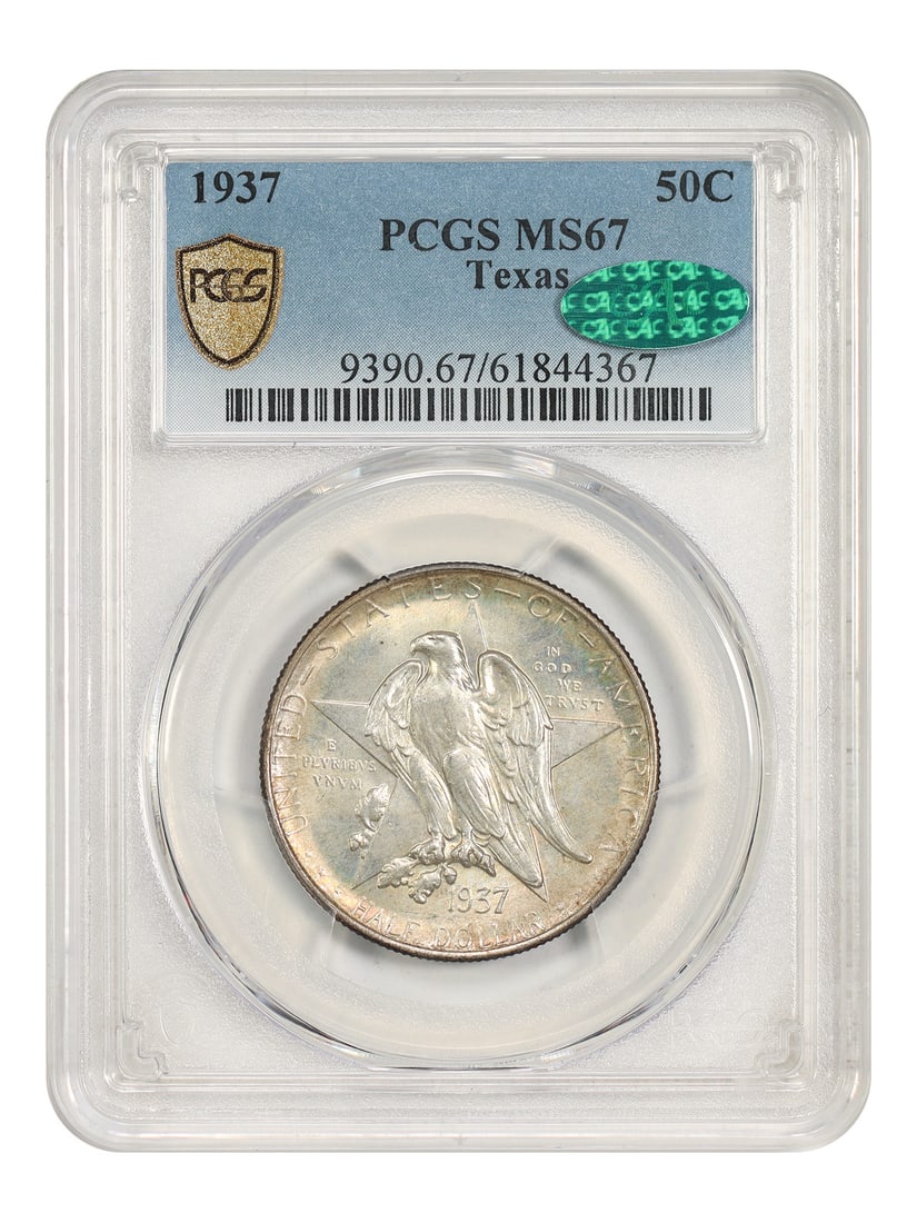 PCGS MS67 CAC 1937 Texas 50C Silver Commemorative Half Dollar: PCGS MS67 CAC 1937 Texas 50C Silver Commemorative Half Dollar 1937 50C Texas Classic Silver Commemorative coin certified by PCGS as MS67 and approved by CAC. Struck in Philadelphia, this uncirculated 