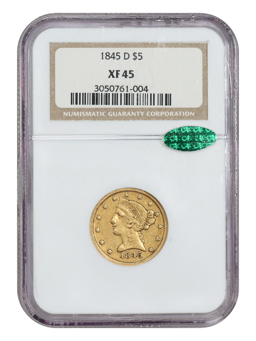 1845-D Dahlonega Liberty Head Half Eagle $5 NGC CAC XF45: 1845-D Dahlonega Liberty Head Half Eagle $5 NGC CAC XF45 1845-D $5 Liberty Head Half Eagle from the Dahlonega Mint, certified by NGC and graded XF45 with CAC approval. This circulated coin is describe