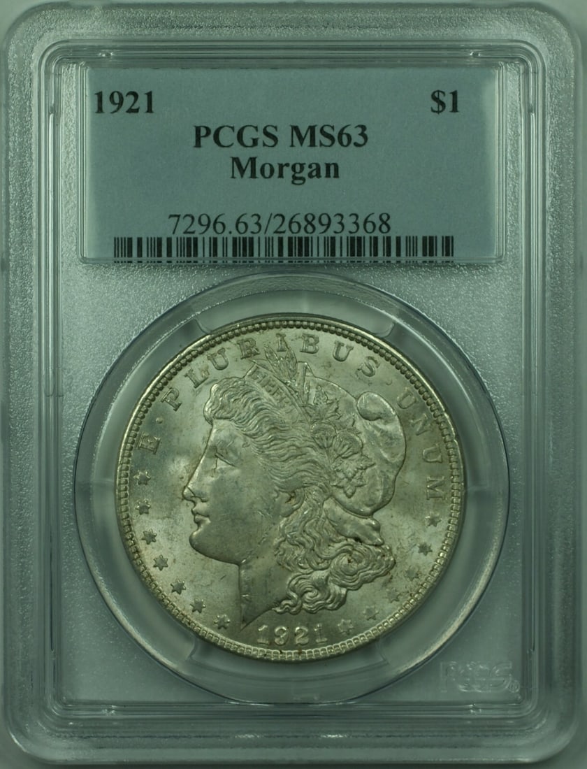 1921 $1 Morgan Silver Dollar PCGS MS63 Certified Philadelphia Mint: 1921 $1 Morgan Silver Dollar PCGS MS63 Certified Philadelphia Mint This is a 1921 Morgan Silver Dollar $1 coin from the United States, certified by PCGS with a grade of MS-63. The coin is uncirculated