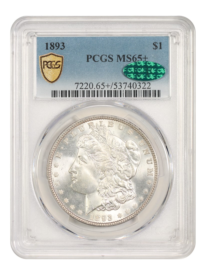 1893 Philadelphia Morgan Dollar $1 PCGS MS65+ CAC Better Date: 1893 Philadelphia Morgan Dollar $1 PCGS MS65+ CAC Better Date 1893 $1 Morgan Dollar from the Philadelphia Mint, certified by PCGS and bearing the CAC seal of approval. This uncirculated example is des
