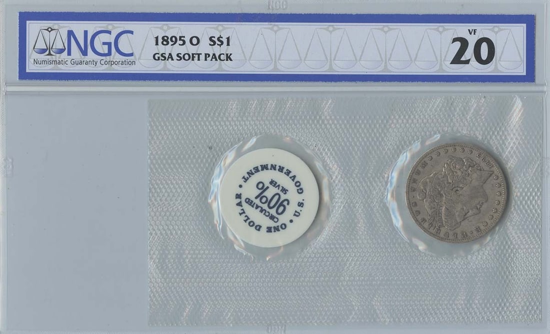 NGC VF20 1895-O Morgan Silver Dollar GSA Soft Pack New Orleans Mint: NGC VF20 1895-O Morgan Silver Dollar GSA Soft Pack New Orleans Mint This 1895-O Morgan Dollar is certified by NGC with a grade of VF20 and comes in a GSA soft pack. Minted in New Orleans in 1895, this