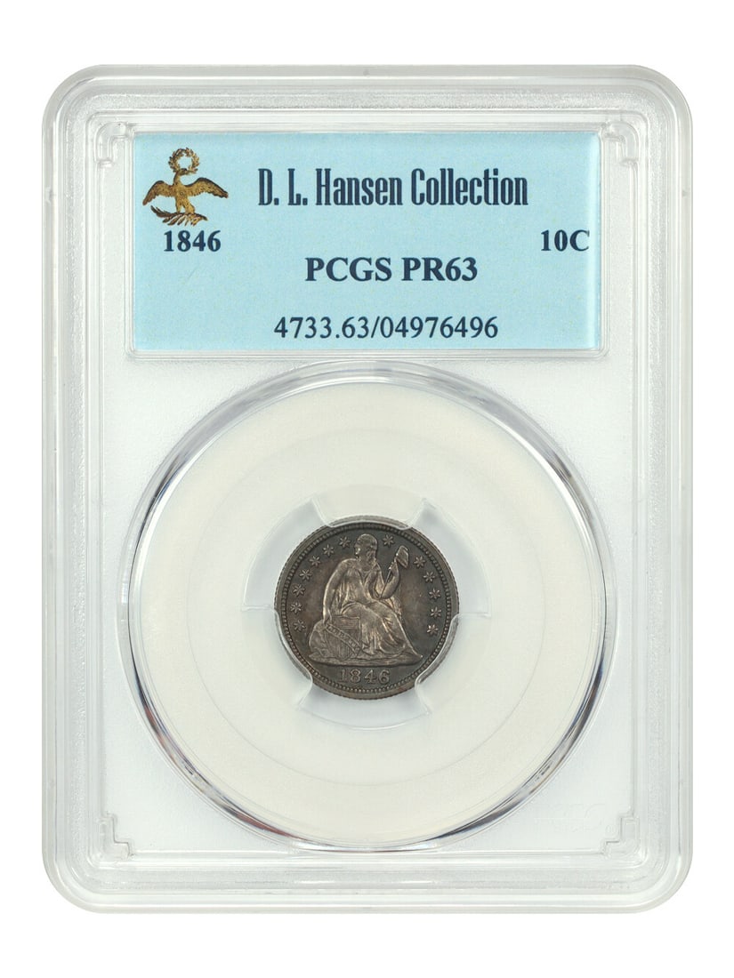 PCGS PR63 1846 Liberty Seated Dime 10C ex D.L. Hansen: PCGS PR63 1846 Liberty Seated Dime 10C ex D.L. Hansen An 1846 10C Liberty Seated Dime certified by PCGS and graded PR63. This proof rarity is from the Philadelphia mint and is described as a captivati