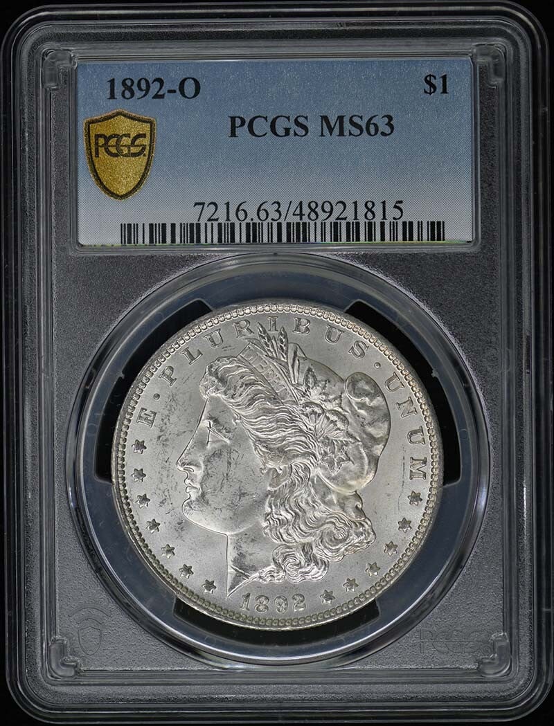 1892-O Morgan Dollar PCGS MS63 Uncirculated New Orleans: 1892-O Morgan Dollar PCGS MS63 Uncirculated New Orleans This 1892-O Morgan Dollar is an exceptional uncirculated coin certified by PCGS with a grade of MS63. Minted in New Orleans, this historic dolla