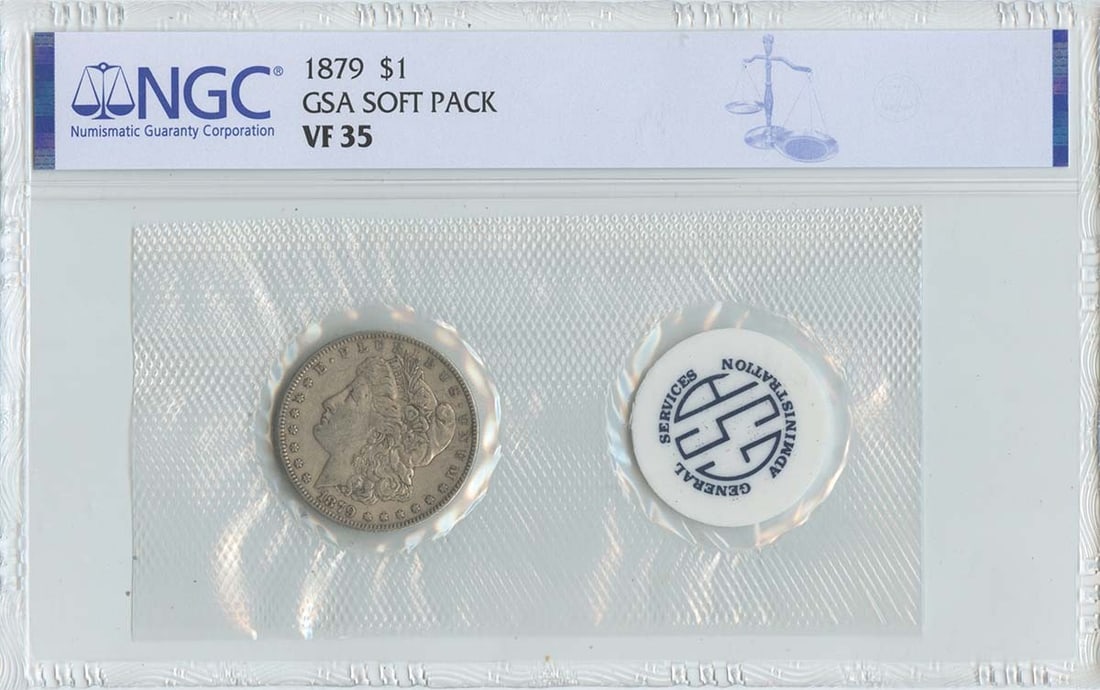 1879 Morgan Silver Dollar NGC VF35 GSA Soft Pack Philadelphia: 1879 Morgan Silver Dollar NGC VF35 GSA Soft Pack Philadelphia This is an 1879 Morgan Dollar in circulated condition, graded VF35 by NGC. The coin comes in a GSA soft pack and was minted in Philadelphi