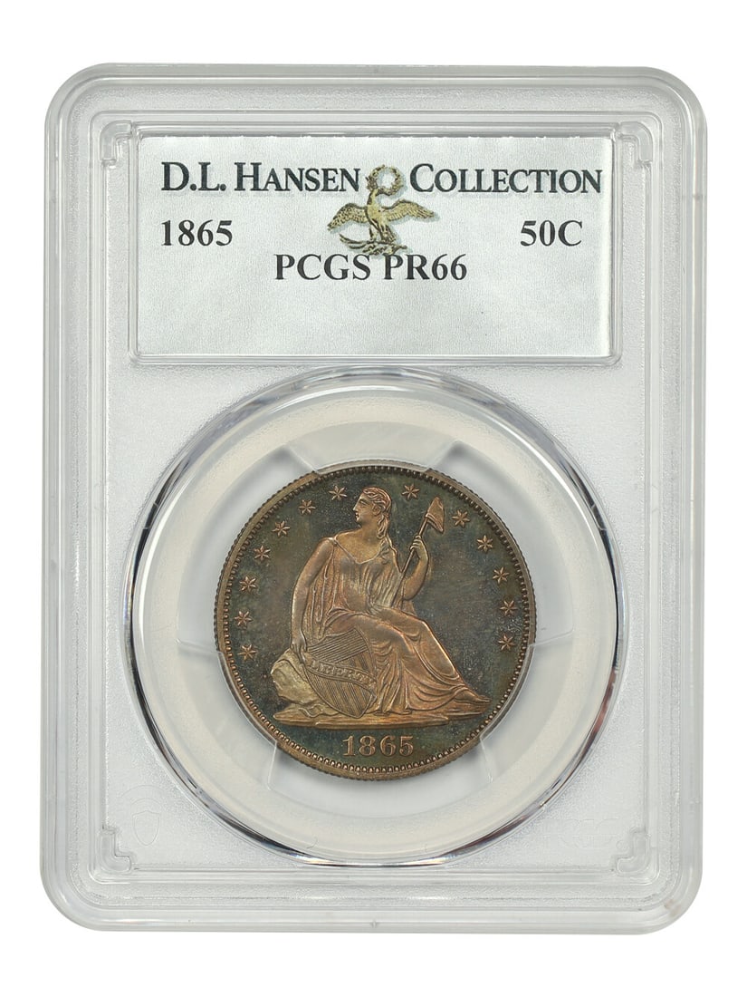 Liberty Seated Half Dollar 1865 50C PCGS PR66: Liberty Seated Half Dollar 1865 50C PCGS PR66 An 1865 Liberty Seated Half Dollar certified by PCGS and graded PR66. This uncirculated proof coin is from the Philadelphia Mint and is described as a lov