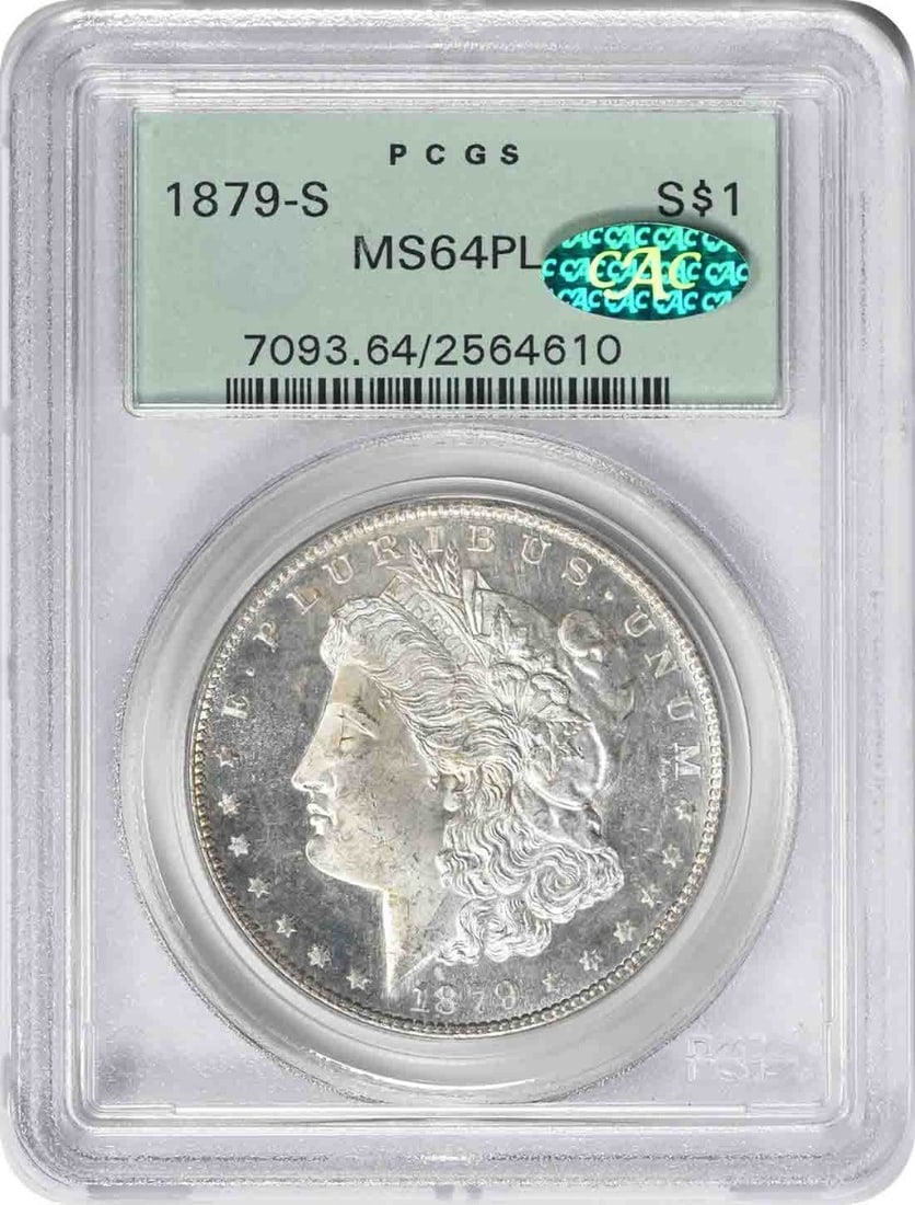 1879-S PCGS Morgan Dollar MS64PL OGH CAC: 1879-S PCGS Morgan Dollar MS64PL OGH CAC This is an 1879-S Morgan Silver Dollar graded MS64PL by PCGS, housed in an old green holder and certified by CAC. Struck at the San Francisco Mint, this uncirc