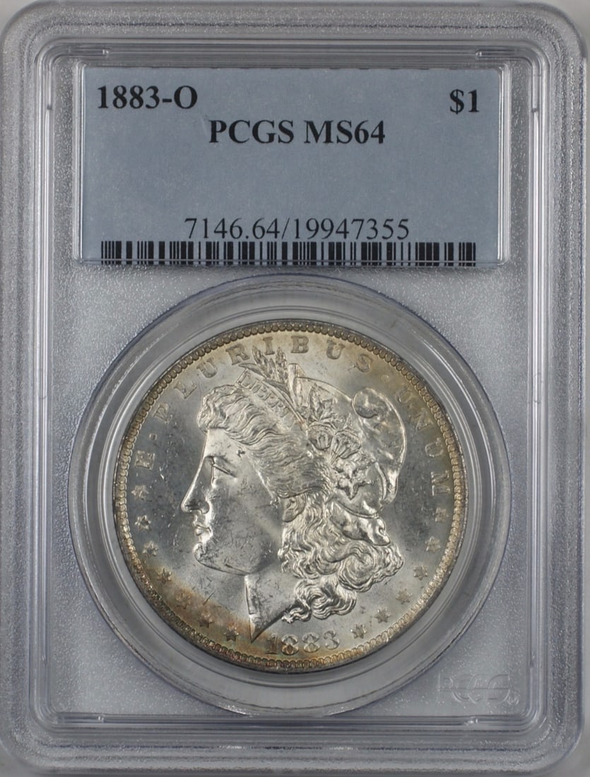 PCGS MS 64 1883-O New Orleans Morgan Dollar Silver Coin: PCGS MS 64 1883-O New Orleans Morgan Dollar Silver Coin This is an 1883-O Morgan Silver Dollar $1 coin, certified by PCGS with a grade of MS 64. Minted in New Orleans, this uncirculated coin is compos