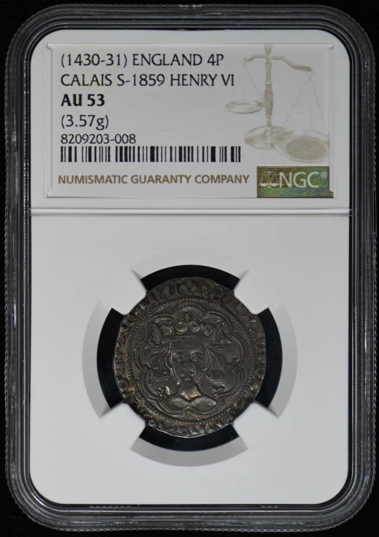 NGC AU53 Henry VI Calais Fourpence England 1430-31 Certified Coin: NGC AU53 Henry VI Calais Fourpence England 1430-31 Certified Coin This is a circulated England Calais Henry VI 4 Pence coin, certified by NGC with a grade of AU53. The coin originates from the United 