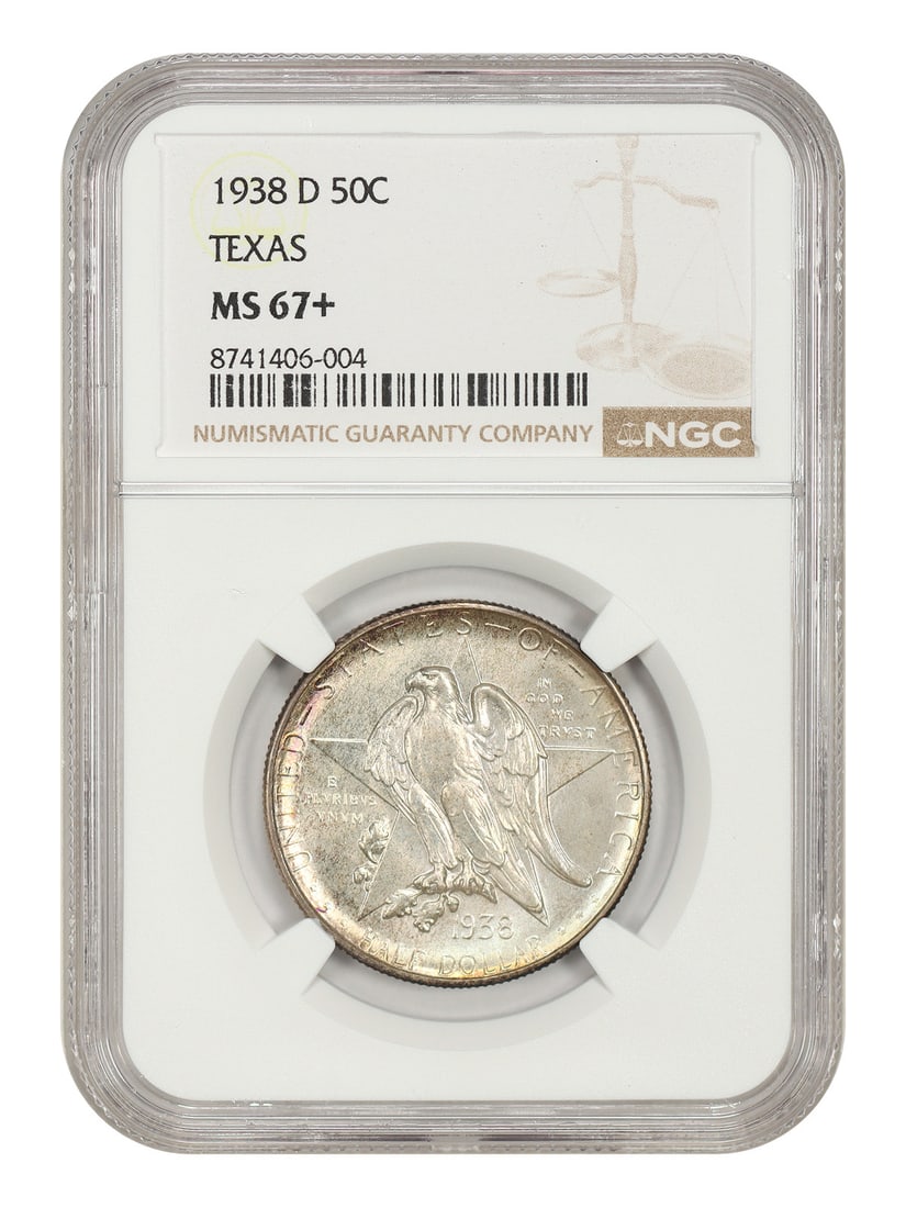 NGC MS67+ 1938-D Texas 50C Silver Commemorative Half Dollar: NGC MS67+ 1938-D Texas 50C Silver Commemorative Half Dollar 1938-D 50C Texas classic silver commemorative coin graded MS67+ by NGC. This Denver issue is uncirculated and carries certification number 8