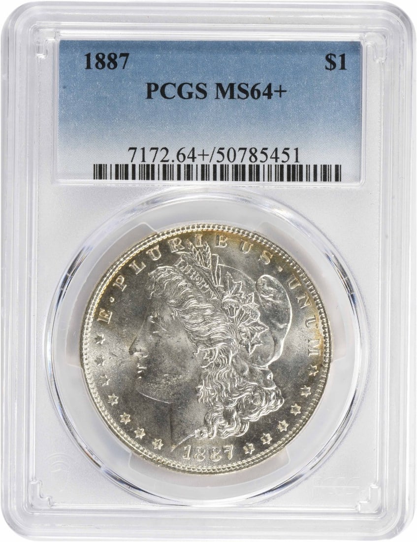 1887 Morgan Silver Dollar MS64+ PCGS Uncirculated 90% Silver: 1887 Morgan Silver Dollar MS64+ PCGS Uncirculated 90% Silver This 1887 Morgan Silver Dollar is graded MS64+ by PCGS, showcasing its excellent condition. Struck in uncirculated quality, this coin featu