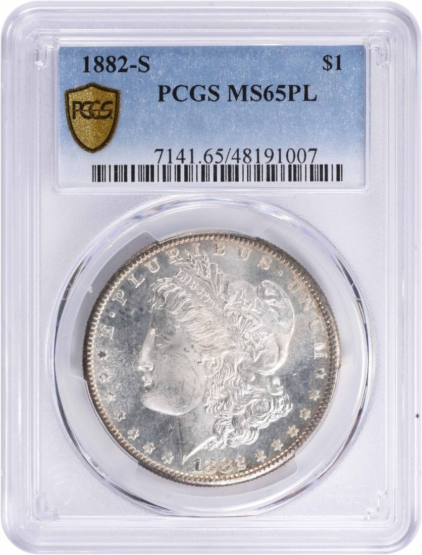 1882-S Morgan Silver Dollar MS65PL PCGS Uncirculated Silver Coin: 1882-S Morgan Silver Dollar MS65PL PCGS Uncirculated Silver Coin This stunning 1882-S Morgan Silver Dollar is a collector's dream, showcasing an exceptional grade of MS65PL certified by PCGS. Struck i