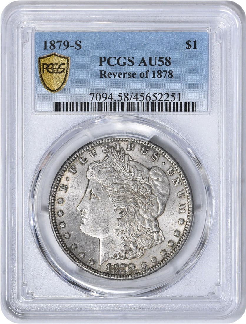 1879-S Morgan Silver Dollar AU58 PCGS Certified Silver Coin: 1879-S Morgan Silver Dollar AU58 PCGS Certified Silver Coin This 1879-S Morgan Silver Dollar, graded AU58 by PCGS, showcases the stunning craftsmanship of designer George T. Morgan. Struck at the San 