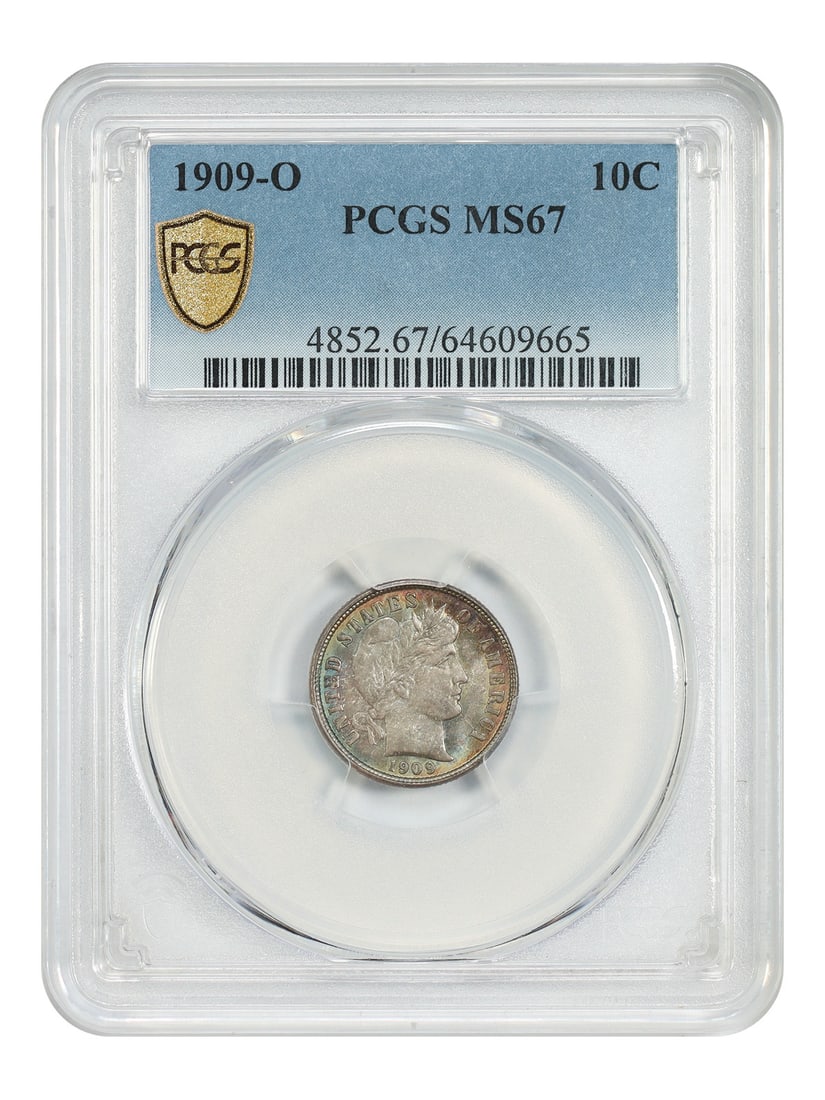 PCGS MS67 1909-O Barber Dime 10C Uncirculated: PCGS MS67 1909-O Barber Dime 10C Uncirculated This 1909-O Barber Dime is certified by PCGS and graded MS67. It is an elusive New Orleans Mint issue and is tied with just six others for the finest know
