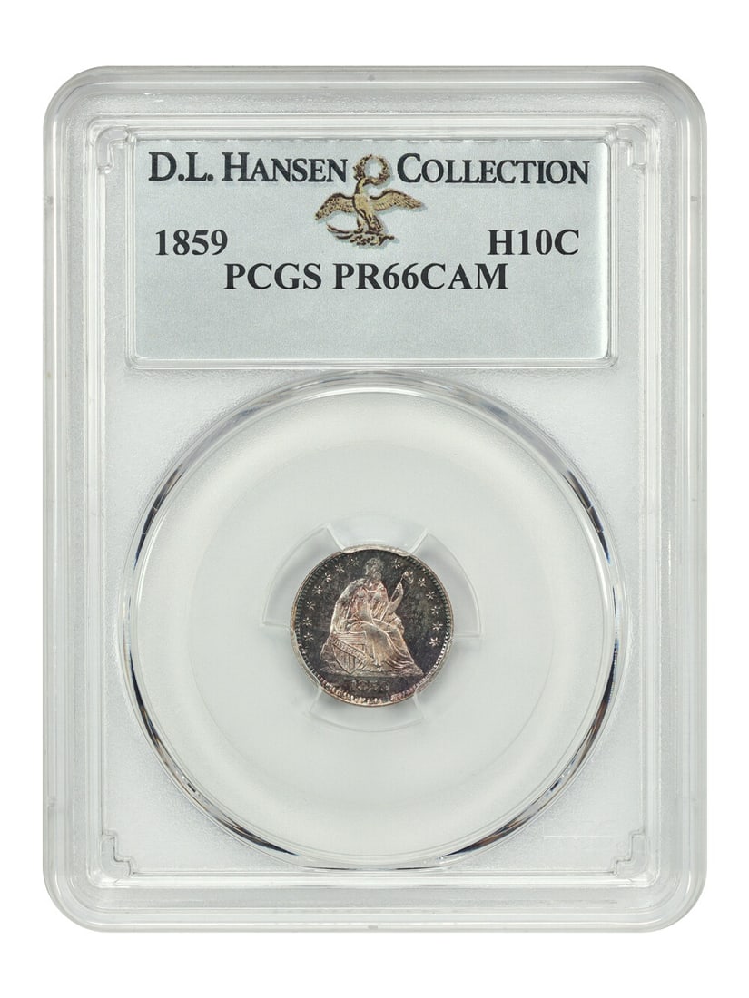 1859 Liberty Seated Half Dime H10C PCGS PR66CAM ex D.L. Hansen: 1859 Liberty Seated Half Dime H10C PCGS PR66CAM ex D.L. Hansen 1859 Liberty Seated Half Dime, H10C, graded PCGS PR66CAM. This uncirculated Philadelphia proof coin is a superb example from a mintage of