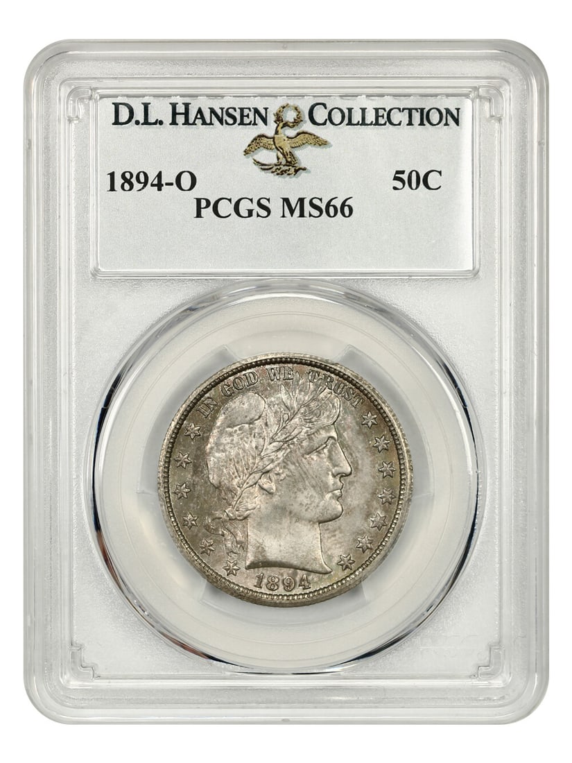 PCGS MS66 1894 O Barber Half Dollar ex D.L. Hansen: PCGS MS66 1894 O Barber Half Dollar ex D.L. Hansen 1894-O Barber Half Dollar certified by PCGS and graded MS66. This uncirculated 50C coin from the New Orleans Mint is described as a rare high-grade s
