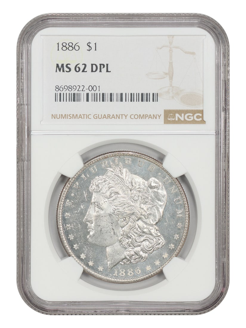 NGC MS62DMPL 1886 Morgan Silver Dollar Deep Mirror Prooflike: NGC MS62DMPL 1886 Morgan Silver Dollar Deep Mirror Prooflike 1886 Morgan Dollar $1 from Philadelphia, certified by NGC and graded MS62DMPL. This uncirculated coin is noted for its deep mirror-like sur