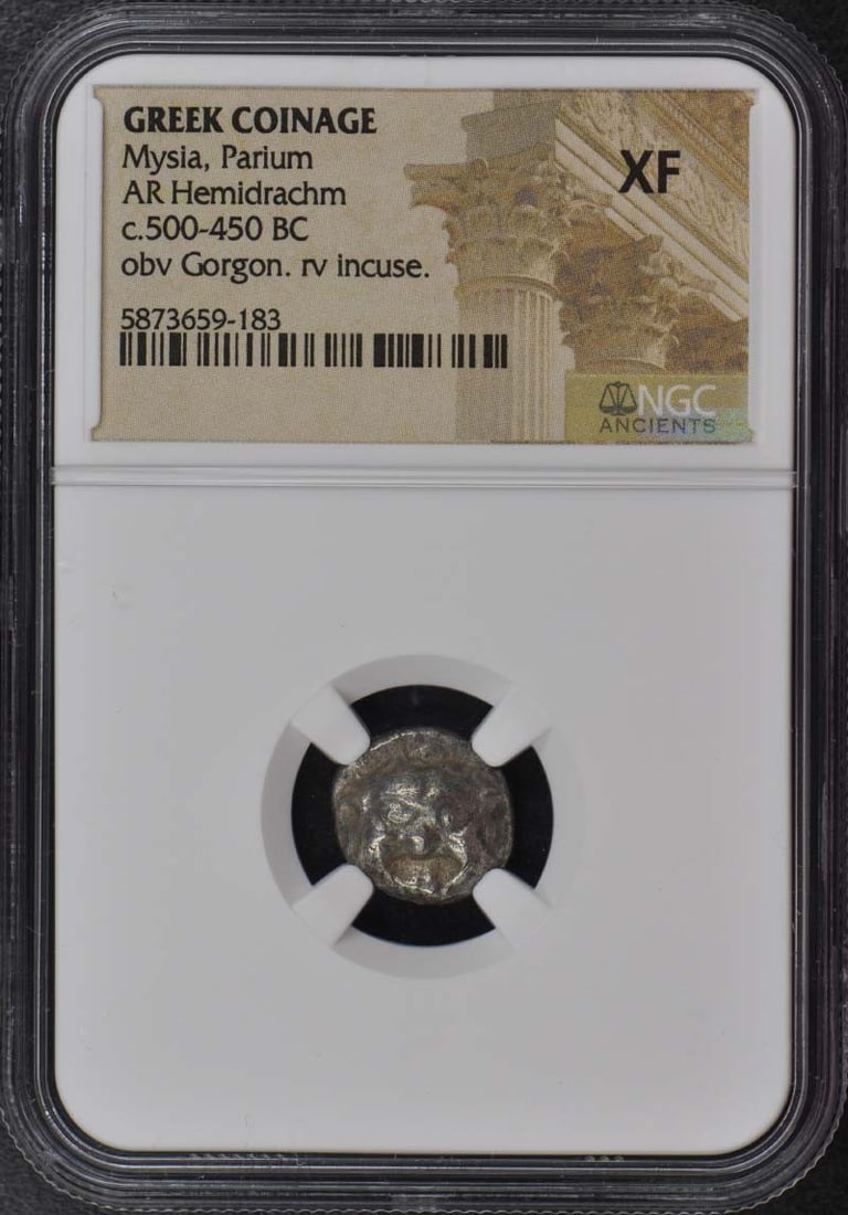 NGC XF45 Ancient Greek AR Hemidrachm from Mysia Parium c.500-450BC: NGC XF45 Ancient Greek AR Hemidrachm from Mysia Parium c.500-450BC Ancient Greek AR Hemidrachm from Mysia, Parium, dated c. 500-450 BC. The coin is certified by NGC and graded XF45. Condition is pre-o