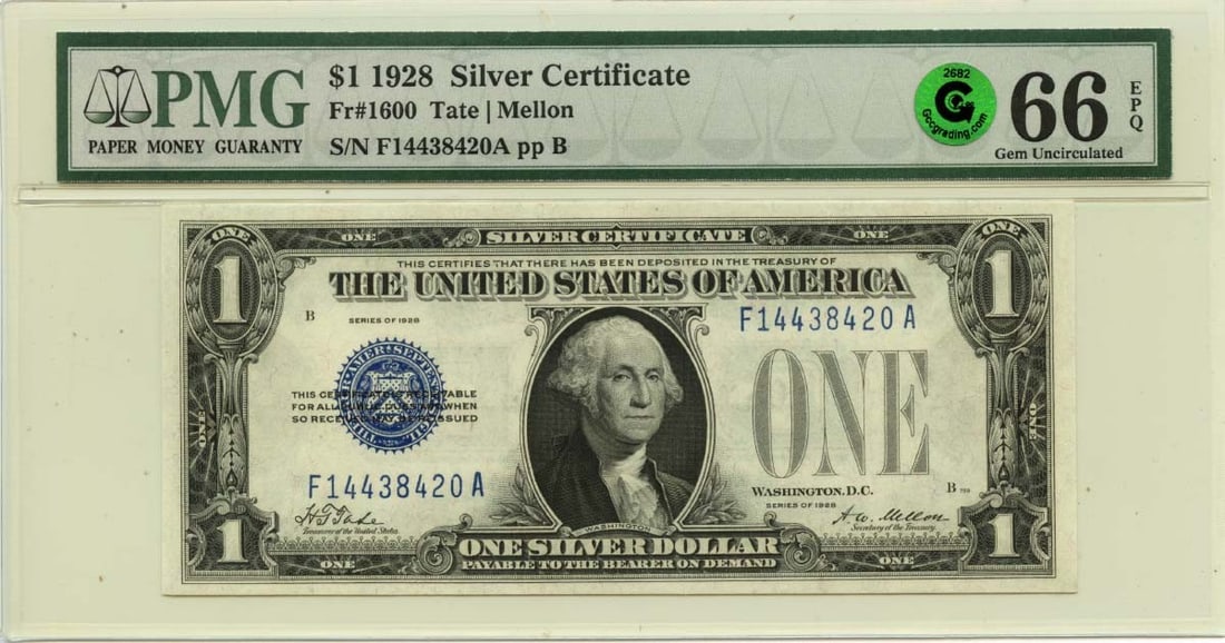 1928 $1 Silver Certificate PMG 66 EPQ Fr 1600 Green: 1928 $1 Silver Certificate PMG 66 EPQ Fr 1600 Green 1928 $1 Silver Certificate from the United States, certified by PMG and graded GEM 66 EPQ. The note is described as uncirculated and pre-owned. FR#1