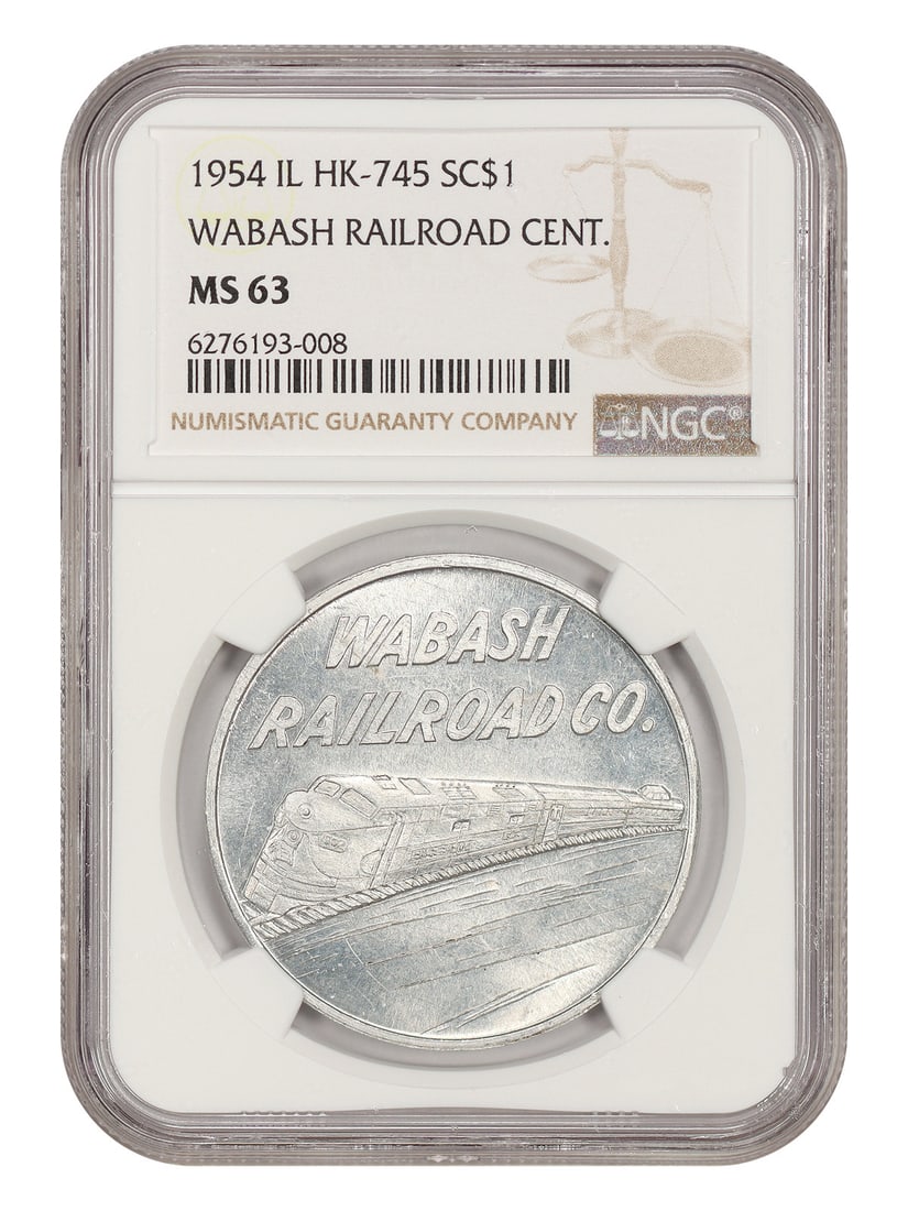 1954 Wabash Railroad Cent White Medal NGC MS63 HK-745: 1954 Wabash Railroad Cent White Medal NGC MS63 HK-745 1954 Wabash Railroad cent white medal so-called dollar, certified by NGC and graded MS63. The piece is listed as uncirculated and pre-owned, with 