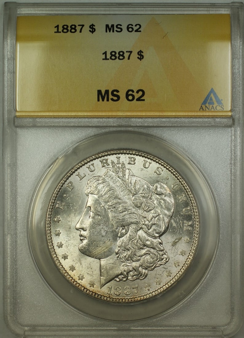 ANACS MS-62 1887 Philadelphia Morgan Dollar Silver Uncirculated $1 Coin: ANACS MS-62 1887 Philadelphia Morgan Dollar Silver Uncirculated $1 Coin This 1887 Morgan Silver Dollar is an uncirculated $1 coin from the United States, minted in Philadelphia. It is graded MS 62 by 