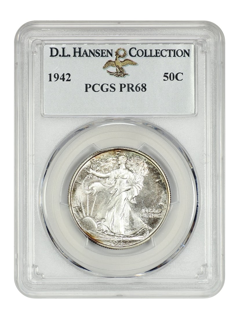 PCGS PR68 1942 Walking Liberty 50C ex D.L. Hansen: PCGS PR68 1942 Walking Liberty 50C ex D.L. Hansen This 1942 Walking Liberty Half Dollar is a PCGS PR68 example from the Philadelphia Mint and is noted as ex: D.L. Hansen. It is described as mostly whi