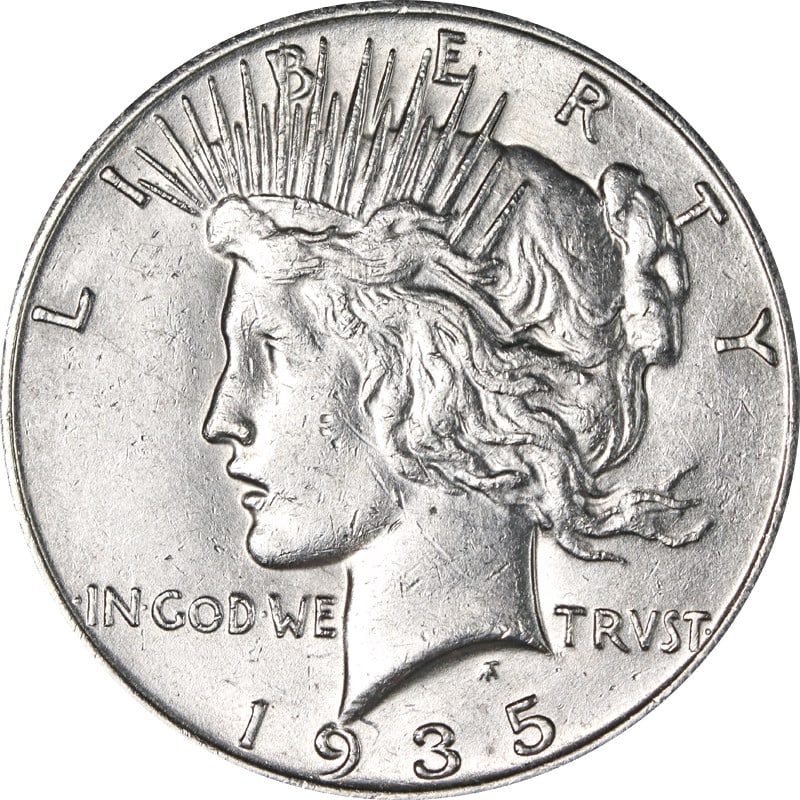 1935 San Francisco Mint Silver Peace Dollar United States Coin: 1935 San Francisco Mint Silver Peace Dollar United States Coin This is a 1935-S Peace Dollar coin from the United States. The coin is composed of silver with a fineness of 0.9 and was minted in San Fr