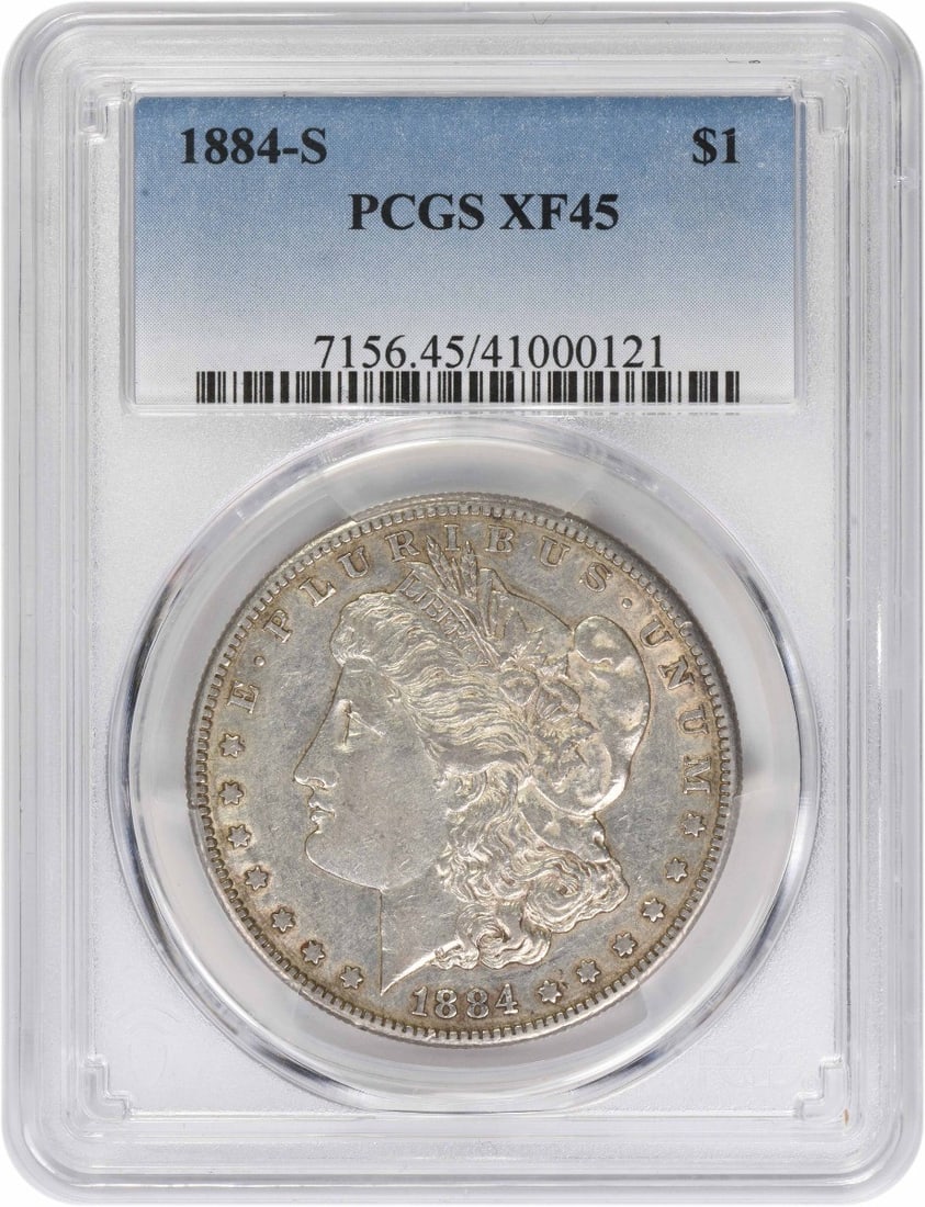 1884-S Morgan Silver Dollar EF45 PCGS San Francisco Coin: 1884-S Morgan Silver Dollar EF45 PCGS San Francisco Coin This 1884-S Morgan Silver Dollar features a striking design by George T. Morgan and is a notable addition to any coin collection. Certified by 