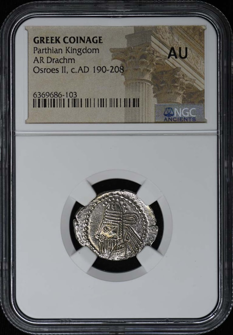 NGC AU Parthian Kingdom AR Drachm Greek Coinage: NGC AU Parthian Kingdom AR Drachm Greek Coinage This Parthian Kingdom AR Drachm coin is part of Greek coinage and has been graded AU by NGC. It is a pre-owned collectible, originating from Greece, and