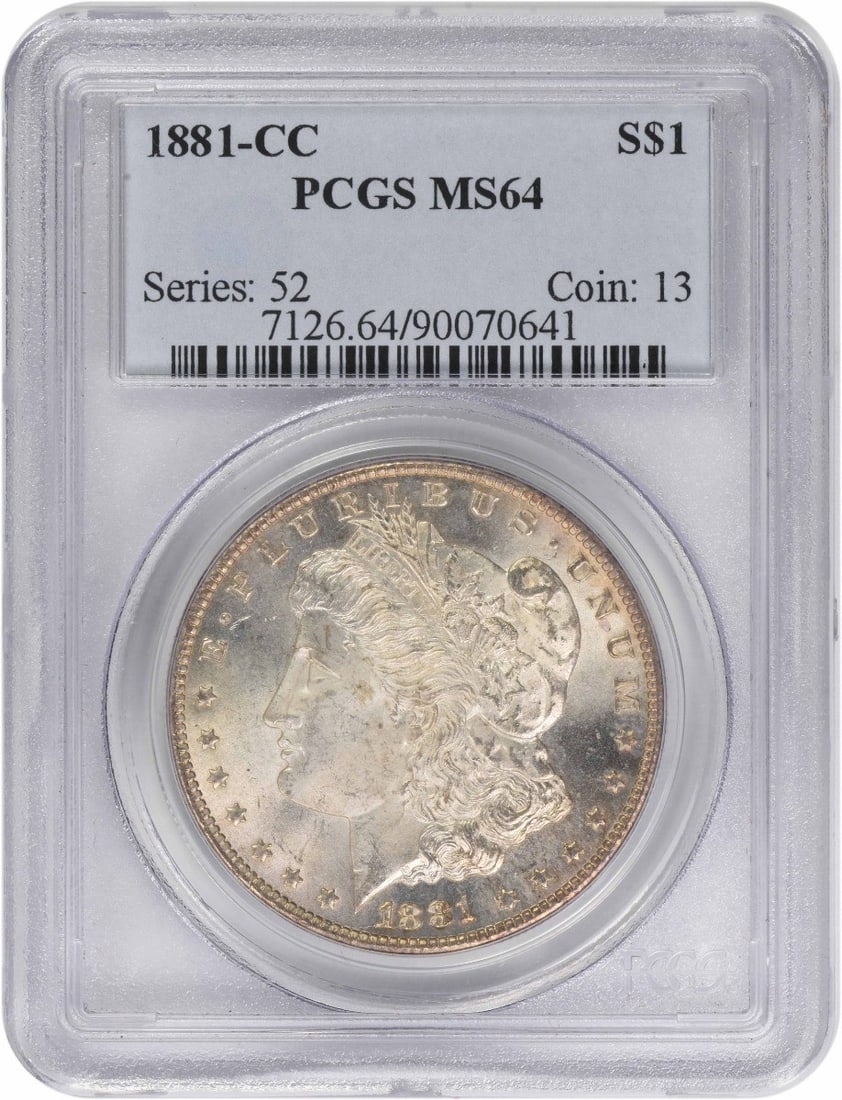 1881-CC Morgan Silver Dollar MS64 PCGS Uncirculated Coin: 1881-CC Morgan Silver Dollar MS64 PCGS Uncirculated Coin This 1881-CC Morgan Silver Dollar is a stunning example of American coinage, graded MS64 by PCGS. Known for its beautiful design by George T. M