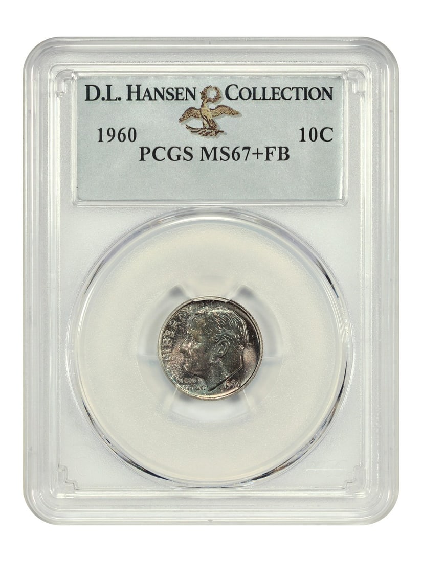 PCGS MS67+FB 1960 Roosevelt Dime 10C Philadelphia: PCGS MS67+FB 1960 Roosevelt Dime 10C Philadelphia 1960 Roosevelt Dime certified by PCGS and graded MS67+FB. This uncirculated Philadelphia issue is ex: D.L. Hansen and is described as a fully struck g