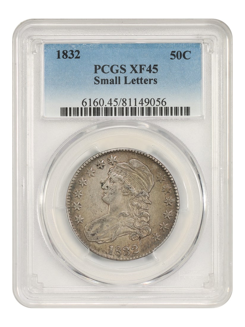 1832 PCGS XF45 Capped Bust Half Dollar Small Letters 50C: 1832 PCGS XF45 Capped Bust Half Dollar Small Letters 50C This 1832 Capped Bust Half Dollar features the Small Letters variety and has been certified by PCGS with a grade of XF45. The coin is circulate