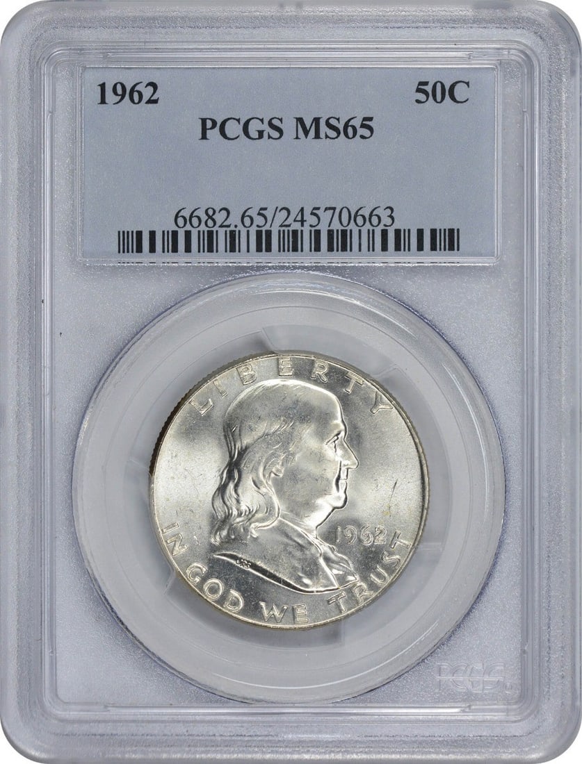 1962 Franklin Half Dollar MS65 Uncirculated 90% Silver PCGS Certified: 1962 Franklin Half Dollar MS65 Uncirculated 90% Silver PCGS Certified This 1962 Franklin Half Dollar is a remarkable piece, graded MS65 by PCGS, showcasing its uncirculated condition. Minted in Philad