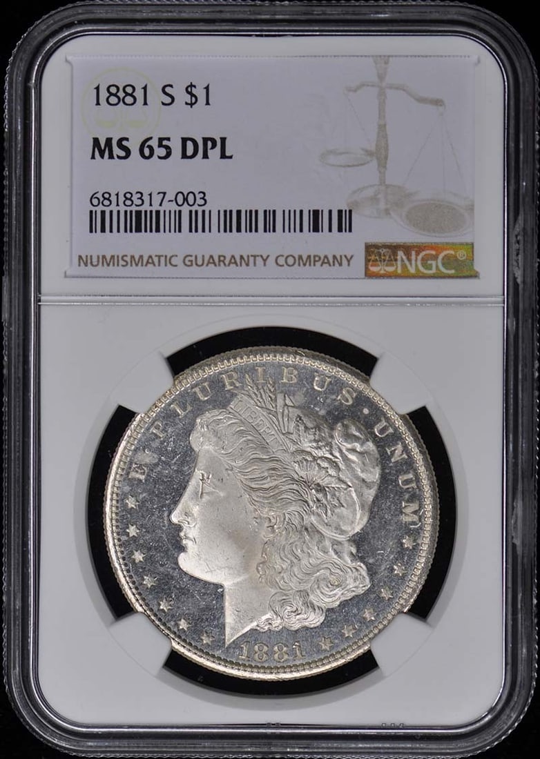 1881-S NGC MS65DMPL Morgan Dollar Uncirculated San Francisco: 1881-S NGC MS65DMPL Morgan Dollar Uncirculated San Francisco This stunning 1881-S Morgan Dollar is certified by NGC with a grade of MS65 and a designation of DMPL (Deep Mirror Proof Like), indicating 