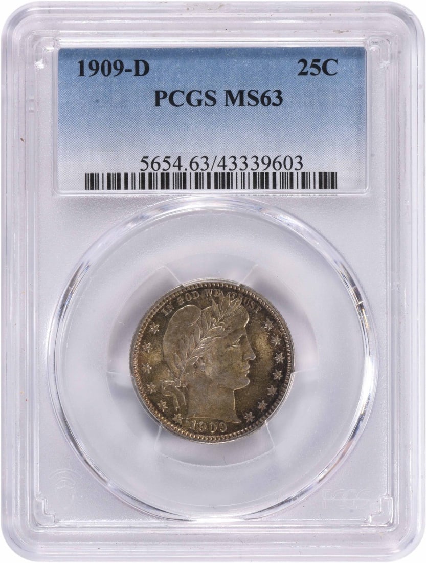 PCGS MS63 1909 Denver Mint Barber Silver Quarter Coin: PCGS MS63 1909 Denver Mint Barber Silver Quarter Coin This 1909-D Barber Silver Quarter is graded MS63 by PCGS and was struck at the Denver Mint. Designed by Charles E. Barber, the coin is composed of