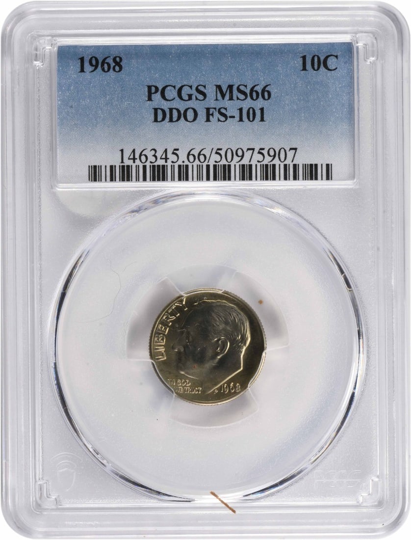 1968 Roosevelt Dime DDO FS-101 MS66 Certified by PCGS: 1968 Roosevelt Dime DDO FS-101 MS66 Certified by PCGS This stunning 1968 Roosevelt Dime is certified by PCGS with a grade of MS66, indicating it is in uncirculated condition. Struck at the Philadelphi