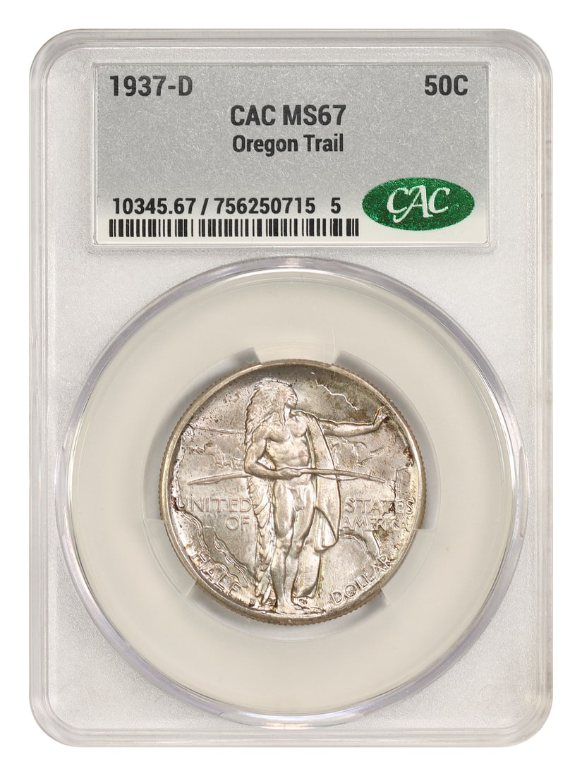 CACG MS67 1937-D Oregon 50C Silver Commemorative Coin: CACG MS67 1937-D Oregon 50C Silver Commemorative Coin 1937-D 50C Oregon Classic Silver Commemorative, certified by CACG and graded MS67. This Denver-minted uncirculated coin is noted as a low mintage 