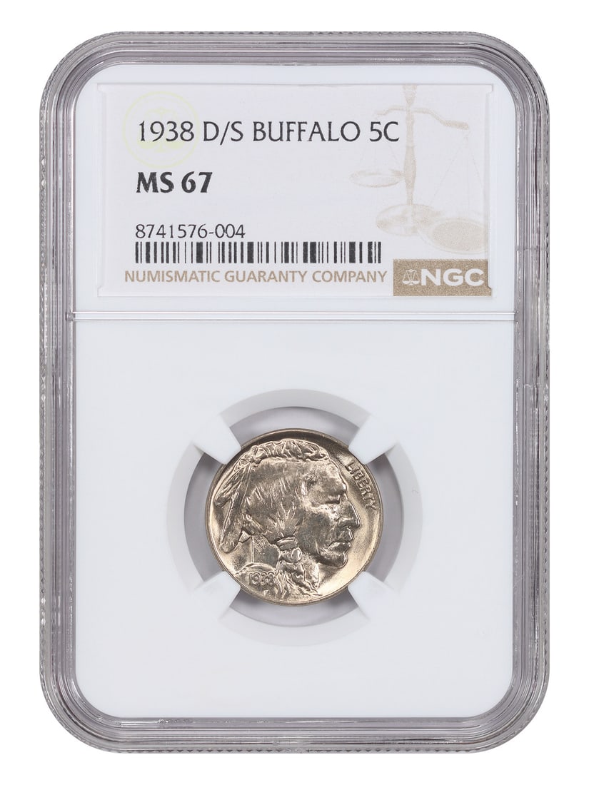 NGC MS67 1938-D/S 5C Buffalo Nickel Over Mintmark Variety: NGC MS67 1938-D/S 5C Buffalo Nickel Over Mintmark Variety 1938-D/S 5C Buffalo Nickel, a popular over-mintmark variety from the Denver mint. Graded NGC MS67, this uncirculated example is certified with