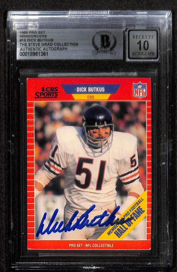 1989 Pro Set Dick Butkus autographed Beckett card grade 10: 1989 Pro Set Dick Butkus autographed Beckett card grade 10 This 1989 Pro Set football trading card features legendary linebacker Dick Butkus and has been hand-signed by him. The card is encapsulated a