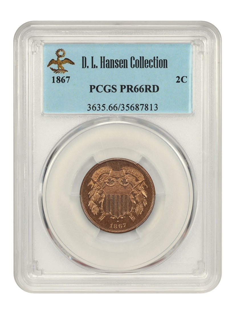 PCGS PR66RD 1867 Two Cent Coin ex D.L. Hansen: PCGS PR66RD 1867 Two Cent Coin ex D.L. Hansen 1867 Two Cent coin graded Proof 66 RD by PCGS. Minted in Philadelphia, this uncirculated example is certified under number 35687813 and is described as re