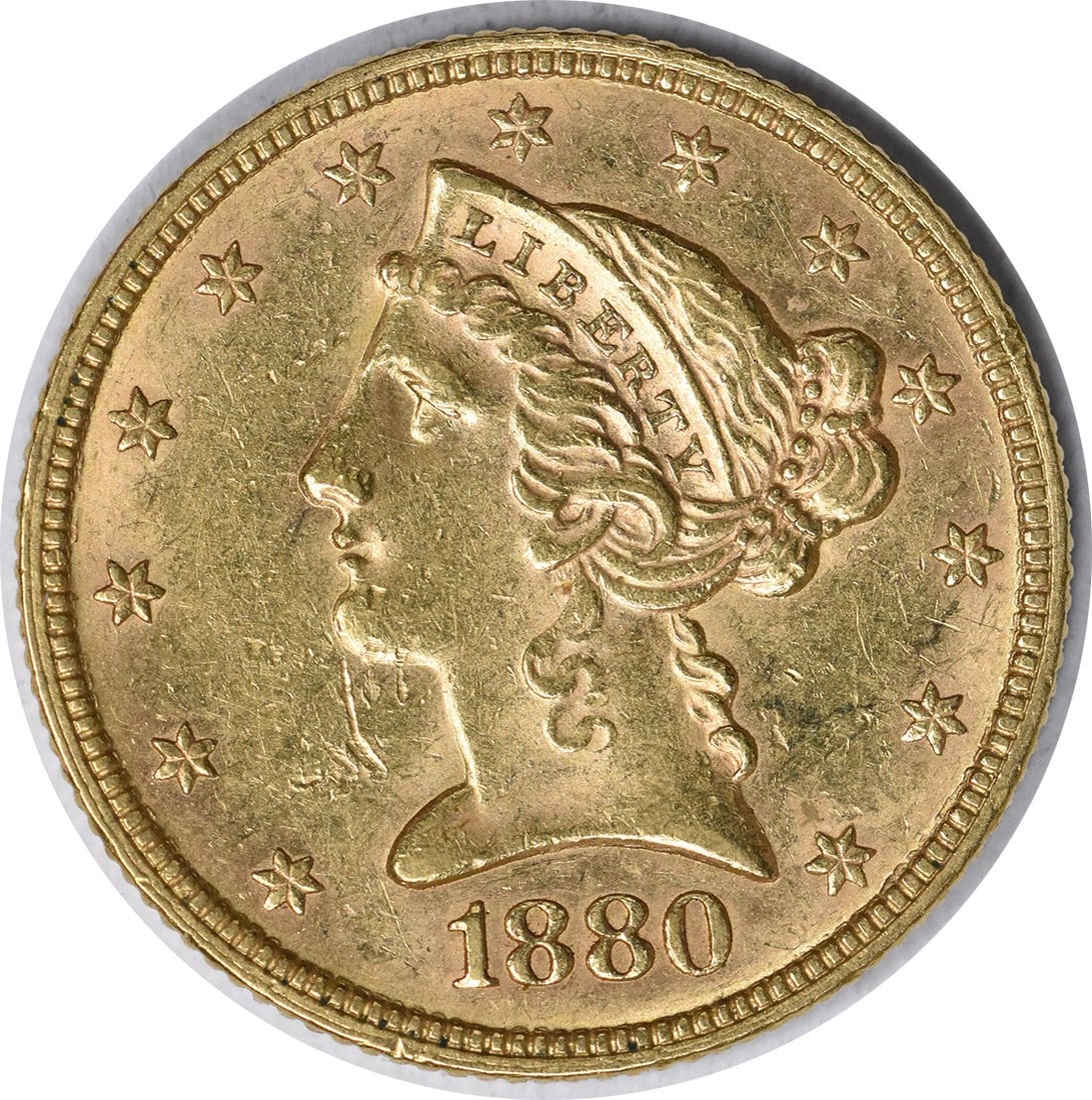 1880 $5 Gold Liberty Head Coin AU Uncertified Christian Gobrecht Design: 1880 $5 Gold Liberty Head Coin AU Uncertified Christian Gobrecht Design This 1880 $5 Gold Liberty Head coin, minted in Philadelphia, is a stunning example of pre-1933 American coinage. With a composit