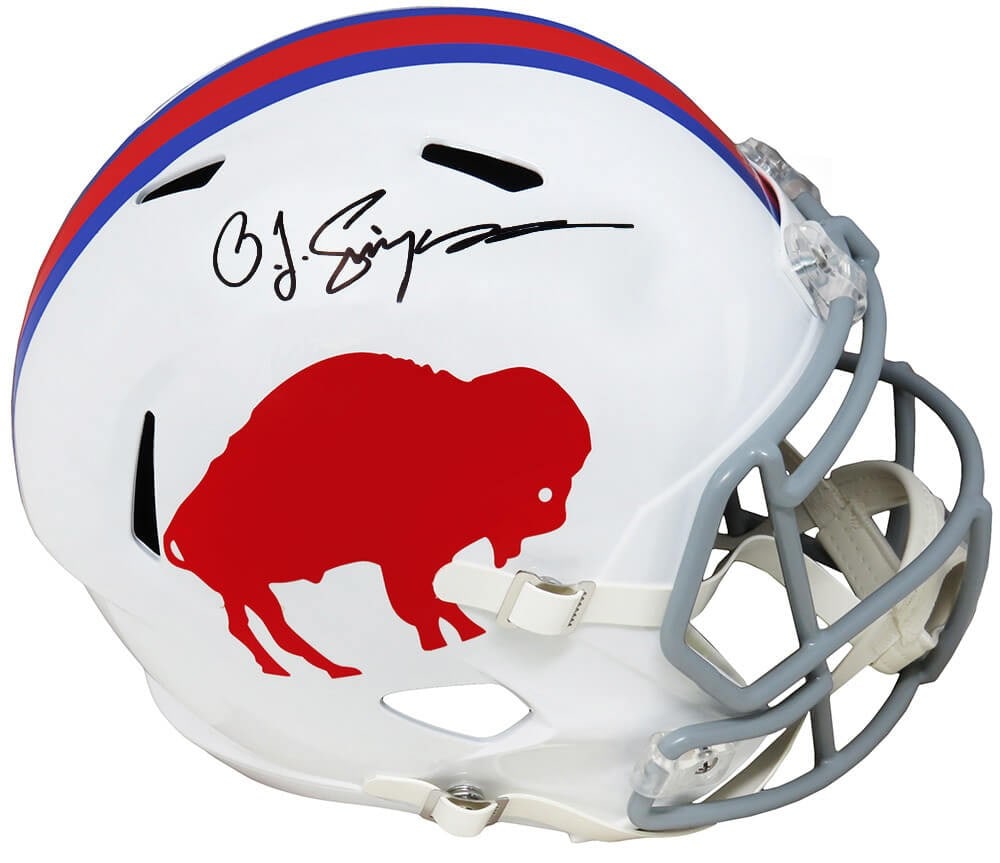O.J. Simpson Autographed Buffalo Bills Riddell Full Size Helmet with COA: O.J. Simpson Autographed Buffalo Bills Riddell Full Size Helmet with COA This O.J. Simpson signed Buffalo Bills throwback white Riddell full-size speed replica helmet is a must-have for any football m