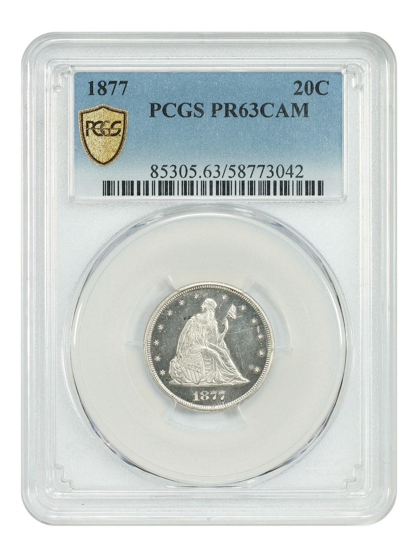 PCGS PR63CAM 1877 Twenty Cent Proof Only 20C Coin: PCGS PR63CAM 1877 Twenty Cent Proof Only 20C Coin This 1877 Twenty Cent proof-only issue is certified by PCGS as PR63CAM. Struck in Philadelphia, it is described as a visually stunning Cameo example w