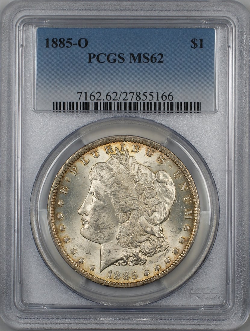 PCGS MS62 1885-O Silver Morgan Dollar Uncirculated with Toned Reverse: PCGS MS62 1885-O Silver Morgan Dollar Uncirculated with Toned Reverse This 1885-O Morgan Silver Dollar is a $1 coin minted in New Orleans. Certified by PCGS with a grade of MS 62, it features a toned 