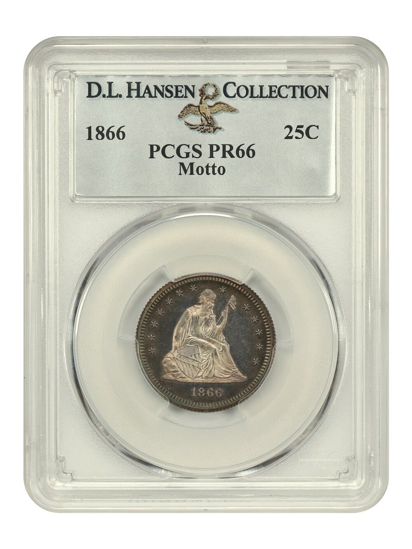 Liberty Seated Quarter 1866 25C PCGS PR66 Motto ex D.L. Hansen: Liberty Seated Quarter 1866 25C PCGS PR66 Motto ex D.L. Hansen An 1866 25C Liberty Seated Quarter with Motto, certified by PCGS and graded PR66. Struck in Philadelphia, this uncirculated proof is desc